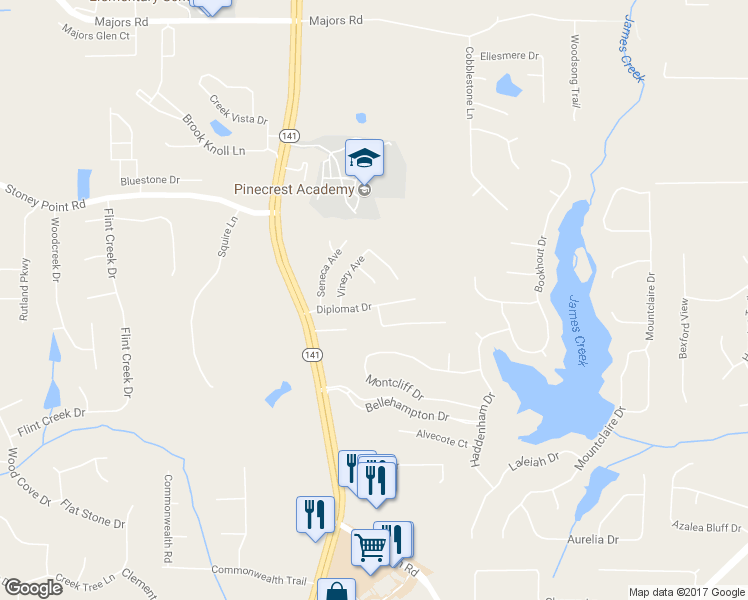 map of restaurants, bars, coffee shops, grocery stores, and more near 1495 Diplomat Drive in Cumming