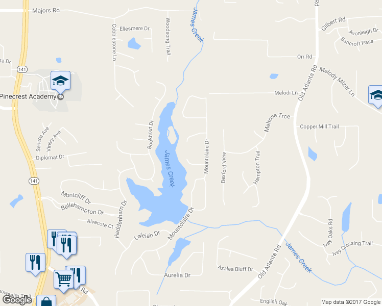 map of restaurants, bars, coffee shops, grocery stores, and more near 970 Hampreston Court in Cumming