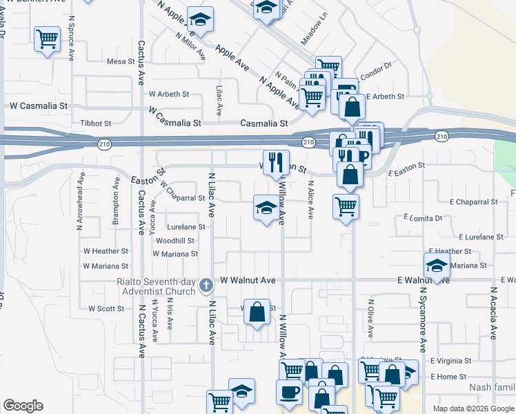 map of restaurants, bars, coffee shops, grocery stores, and more near 361 West Chaparral Street in Rialto