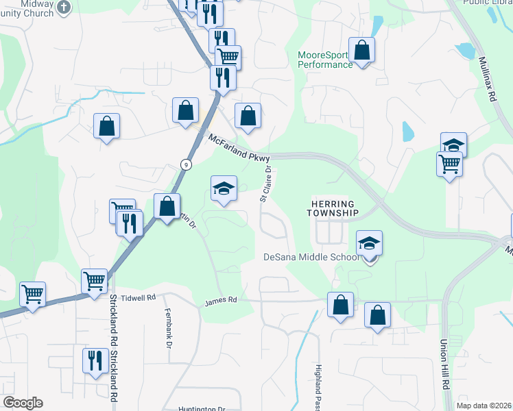 map of restaurants, bars, coffee shops, grocery stores, and more near 340 Saint Claire Drive in Alpharetta