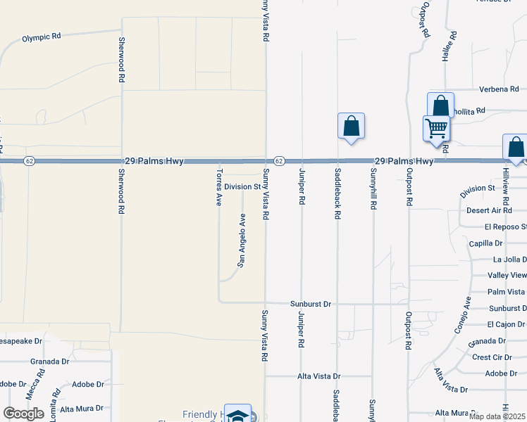 map of restaurants, bars, coffee shops, grocery stores, and more near Sunny Vista Road in Joshua Tree