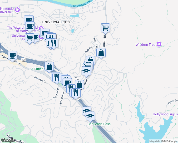 map of restaurants, bars, coffee shops, grocery stores, and more near 3360 Lake Hollywood Drive in Los Angeles
