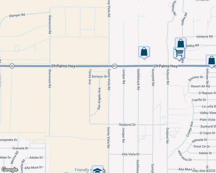 map of restaurants, bars, coffee shops, grocery stores, and more near 6641 San Angelo Avenue in Joshua Tree