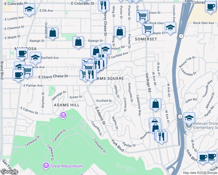 map of restaurants, bars, coffee shops, grocery stores, and more near 1206 East Palmer Avenue in Glendale