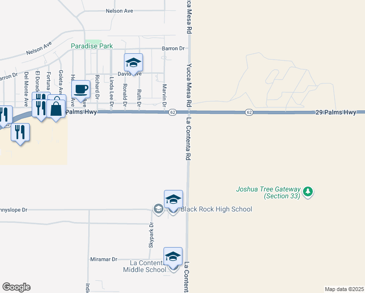 map of restaurants, bars, coffee shops, grocery stores, and more near 6650 La Contenta Road in Yucca Valley