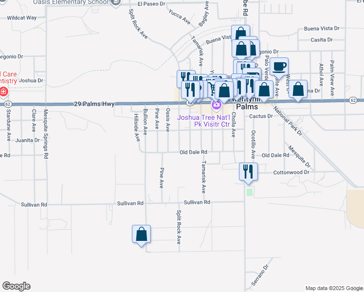map of restaurants, bars, coffee shops, grocery stores, and more near 6673 Split Rock Avenue in Twentynine Palms