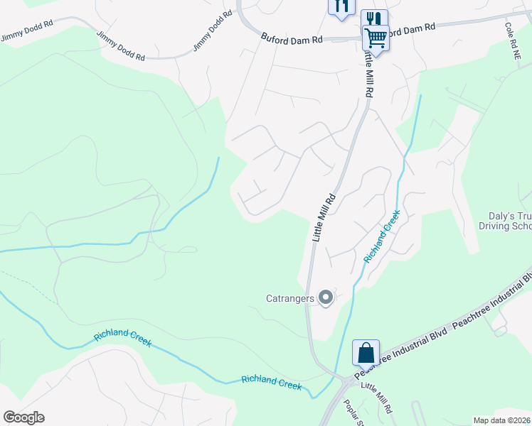 map of restaurants, bars, coffee shops, grocery stores, and more near 1710 Patrick Mill Place Northeast in Buford