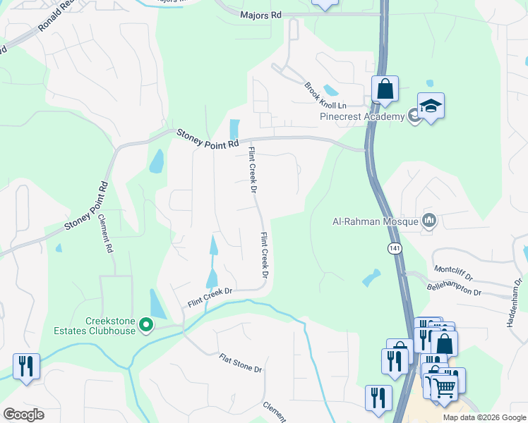 map of restaurants, bars, coffee shops, grocery stores, and more near 2490 Flint Creek Drive in Cumming