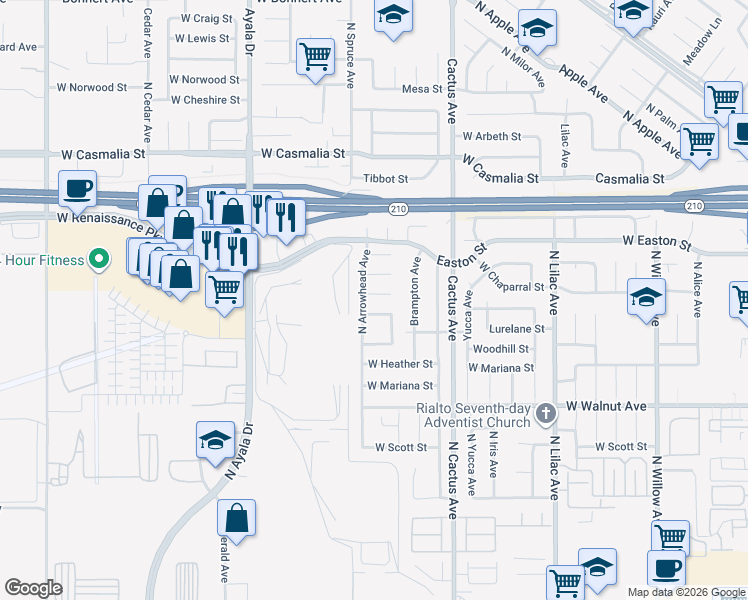 map of restaurants, bars, coffee shops, grocery stores, and more near 857 West Chaparral Street in Rialto