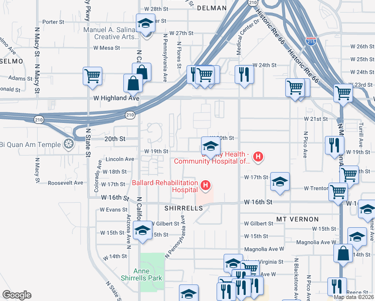map of restaurants, bars, coffee shops, grocery stores, and more near 1800 West 19th Street in San Bernardino