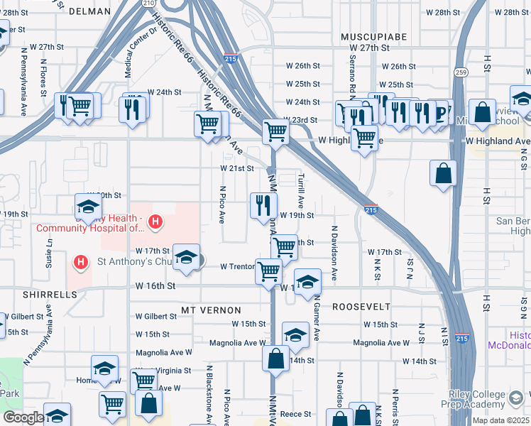 map of restaurants, bars, coffee shops, grocery stores, and more near 1950 North Mount Vernon Avenue in San Bernardino
