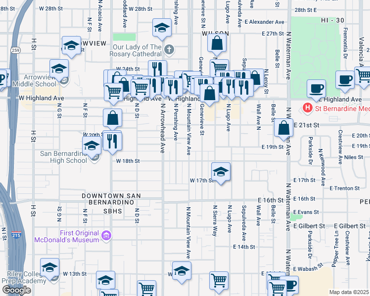 map of restaurants, bars, coffee shops, grocery stores, and more near 1931 North Pershing Avenue in San Bernardino