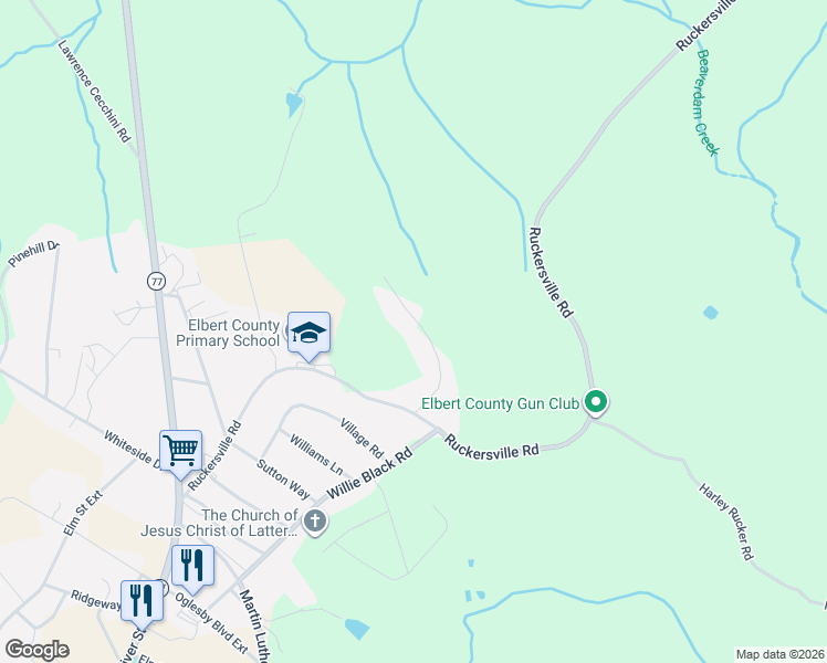 map of restaurants, bars, coffee shops, grocery stores, and more near 1245 Crestview Drive in Elberton
