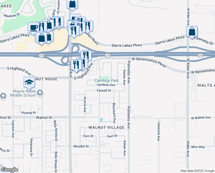 map of restaurants, bars, coffee shops, grocery stores, and more near 17143 Cambria Avenue in Fontana