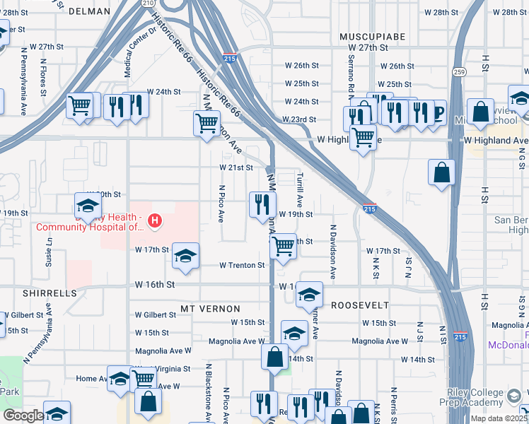 map of restaurants, bars, coffee shops, grocery stores, and more near 1950 North Mount Vernon Avenue in San Bernardino