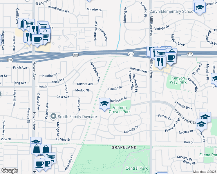 map of restaurants, bars, coffee shops, grocery stores, and more near 6607 Salem Court in Rancho Cucamonga