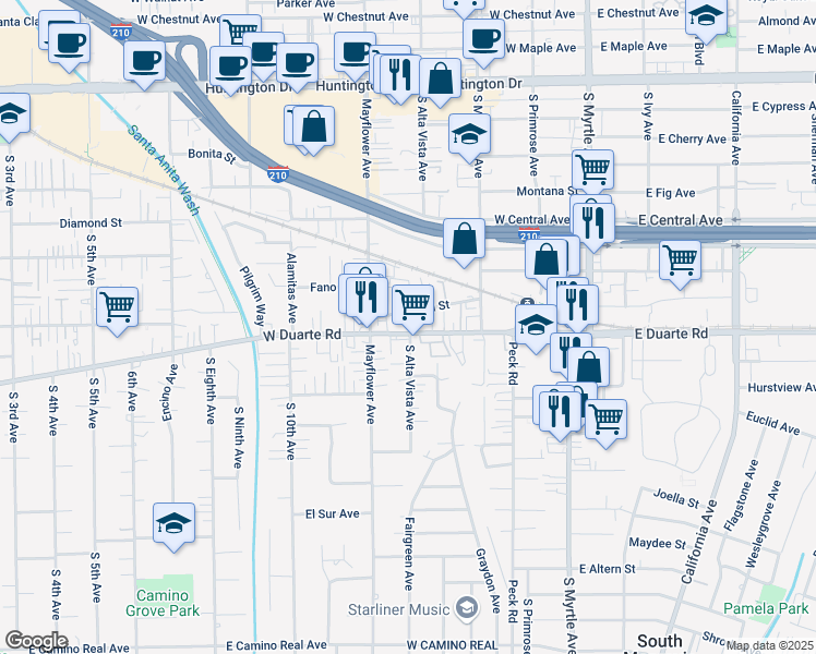 map of restaurants, bars, coffee shops, grocery stores, and more near 405 West Duarte Road in Monrovia