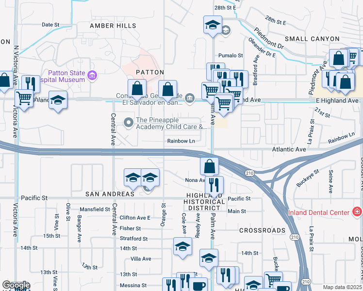 map of restaurants, bars, coffee shops, grocery stores, and more near 3471 Rainbow Lane in Highland