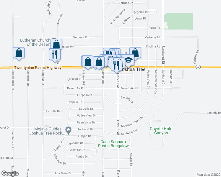 map of restaurants, bars, coffee shops, grocery stores, and more near Desert Air Road in Joshua Tree
