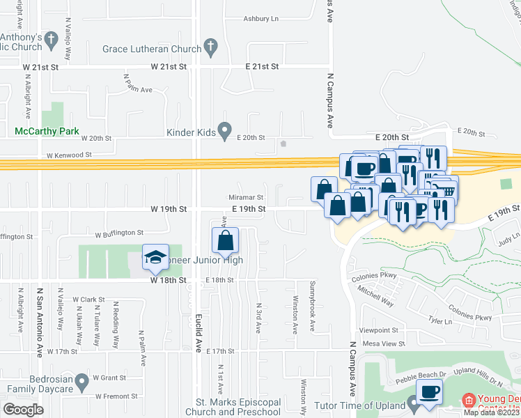 map of restaurants, bars, coffee shops, grocery stores, and more near 325 East 19th Street in Upland