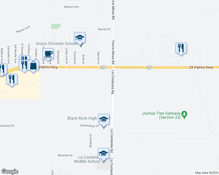 map of restaurants, bars, coffee shops, grocery stores, and more near 6650 La Contenta Road in Yucca Valley