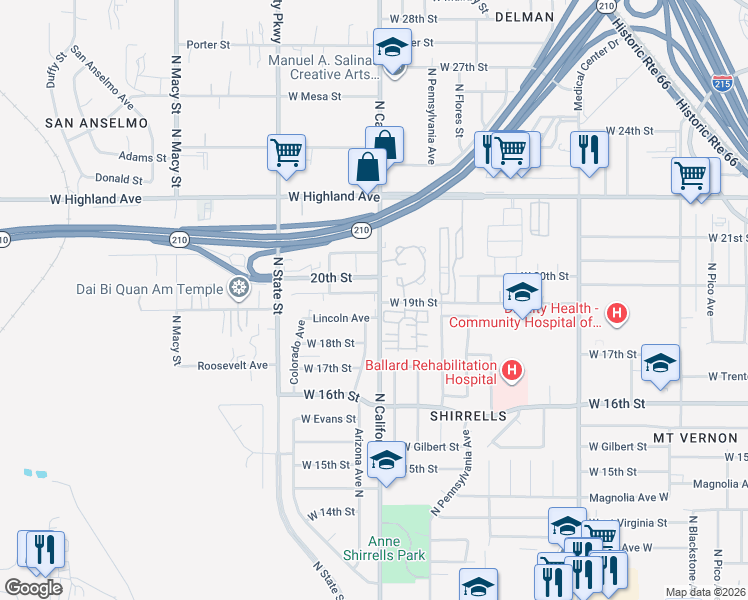 map of restaurants, bars, coffee shops, grocery stores, and more near 1903 West 19th Street in San Bernardino