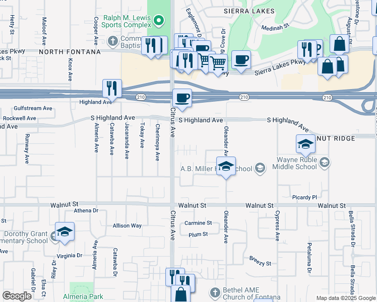 map of restaurants, bars, coffee shops, grocery stores, and more near 16175 Lumia Way in Fontana