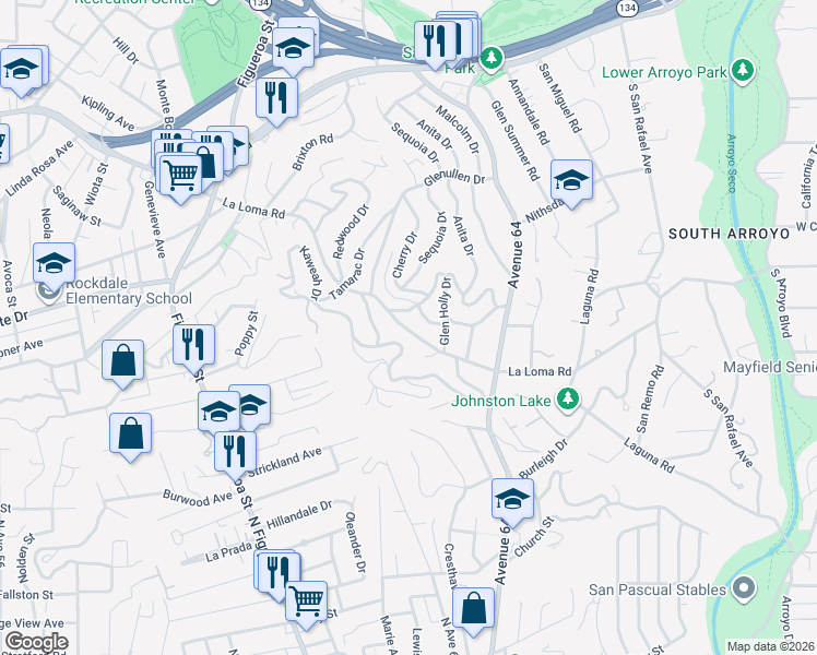 map of restaurants, bars, coffee shops, grocery stores, and more near 1545 La Loma Road in Pasadena