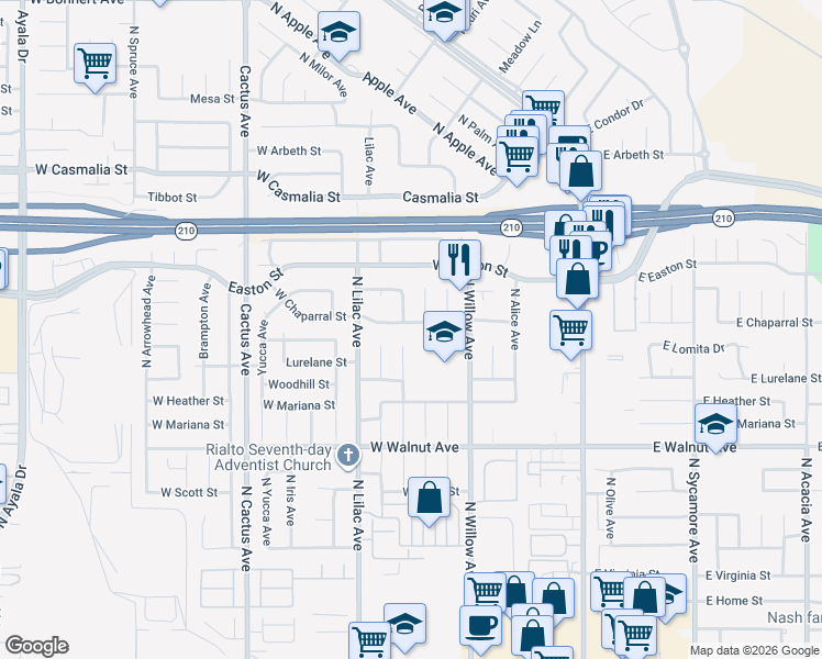 map of restaurants, bars, coffee shops, grocery stores, and more near 361 West Chaparral Street in Rialto