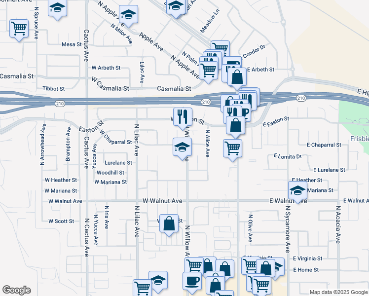 map of restaurants, bars, coffee shops, grocery stores, and more near 311 W Chaparral St in Rialto