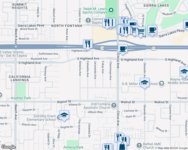 map of restaurants, bars, coffee shops, grocery stores, and more near 6688 Jacaranda Avenue in Fontana