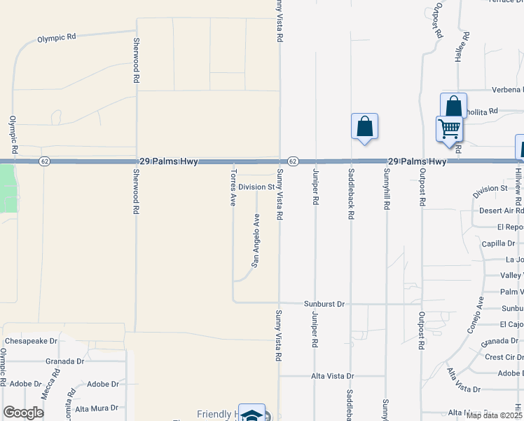 map of restaurants, bars, coffee shops, grocery stores, and more near 6641 San Angelo Avenue in Joshua Tree