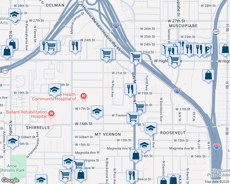 map of restaurants, bars, coffee shops, grocery stores, and more near 1919 North Pico Avenue in San Bernardino