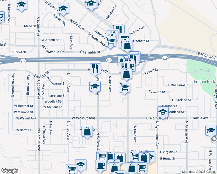map of restaurants, bars, coffee shops, grocery stores, and more near 229 West Chaparral Street in Rialto