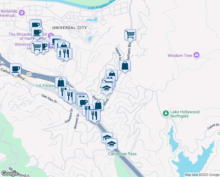 map of restaurants, bars, coffee shops, grocery stores, and more near 3360 Lake Hollywood Drive in Los Angeles