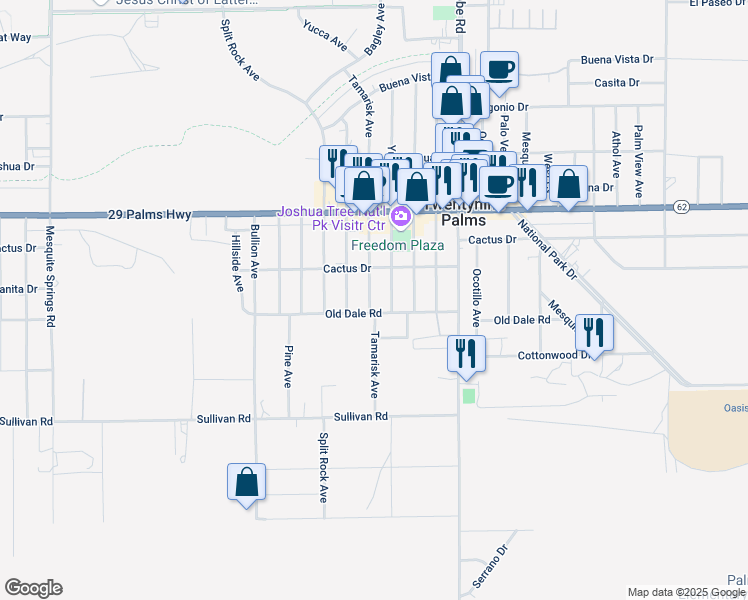 map of restaurants, bars, coffee shops, grocery stores, and more near 6673 Tamarisk Avenue in Twentynine Palms