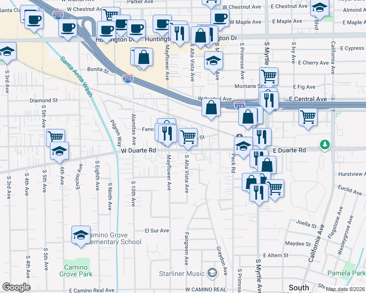 map of restaurants, bars, coffee shops, grocery stores, and more near 425 West Duarte Road in Monrovia