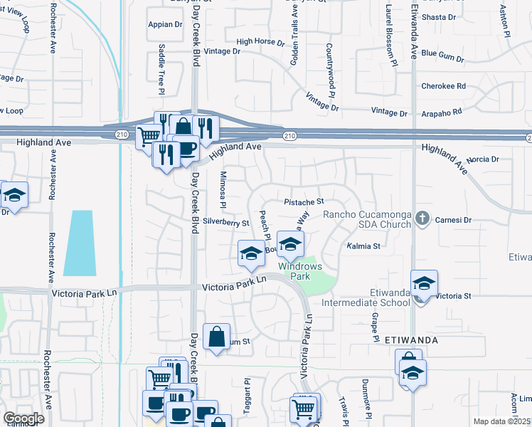 map of restaurants, bars, coffee shops, grocery stores, and more near 6689 Peach Place in Rancho Cucamonga