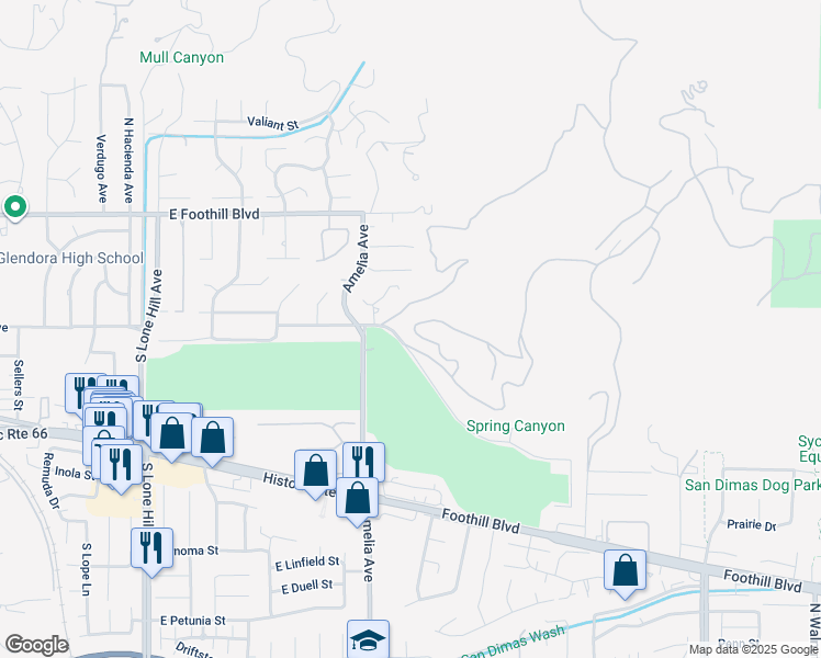 map of restaurants, bars, coffee shops, grocery stores, and more near 2425 East Wildwood Canyon Drive in Glendora