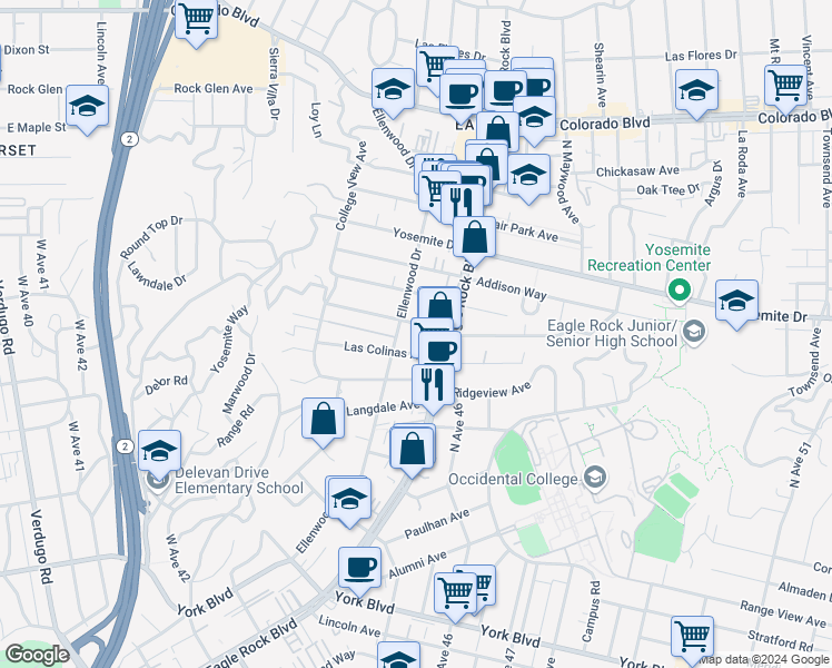 map of restaurants, bars, coffee shops, grocery stores, and more near 2234 Norwalk Avenue in Los Angeles