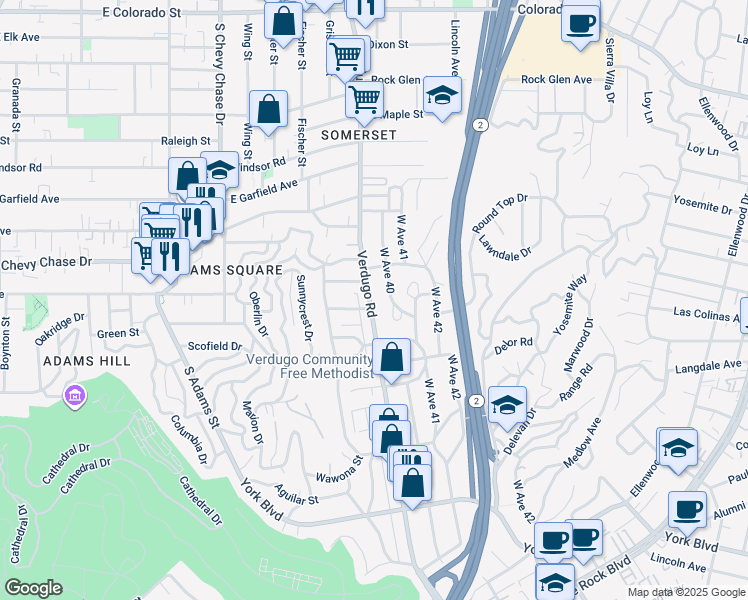 map of restaurants, bars, coffee shops, grocery stores, and more near 4508 Verdugo Road in Los Angeles