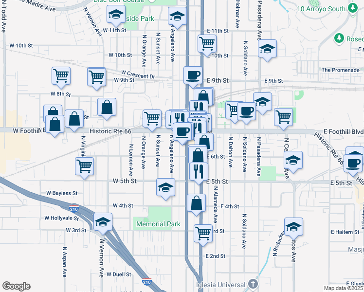 map of restaurants, bars, coffee shops, grocery stores, and more near 619 North San Gabriel Avenue in Azusa