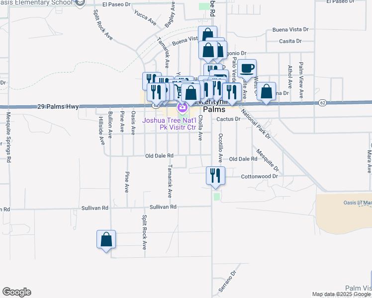 map of restaurants, bars, coffee shops, grocery stores, and more near 6668 Smoketree Avenue in Twentynine Palms