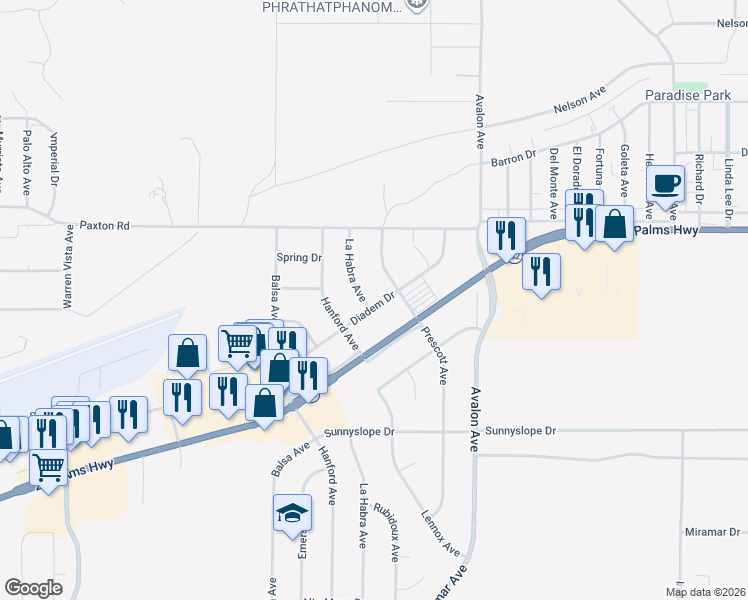 map of restaurants, bars, coffee shops, grocery stores, and more near 58236 Diadem Drive in Yucca Valley
