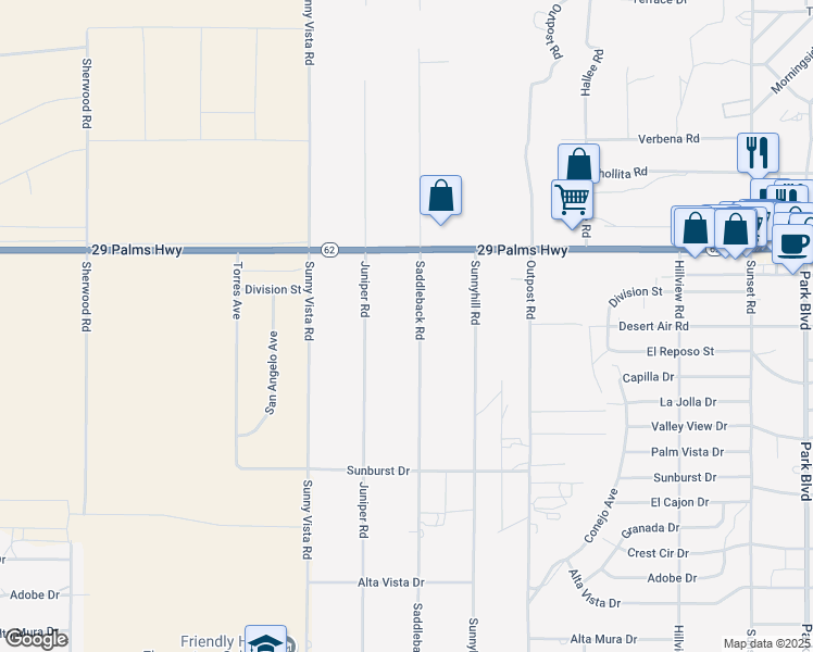 map of restaurants, bars, coffee shops, grocery stores, and more near Saddleback Road in Joshua Tree