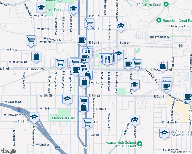 map of restaurants, bars, coffee shops, grocery stores, and more near 620 North Alameda Avenue in Azusa