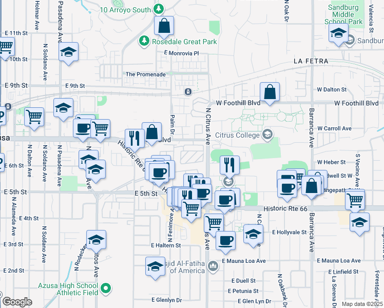 map of restaurants, bars, coffee shops, grocery stores, and more near 840 East Foothill Boulevard in Azusa