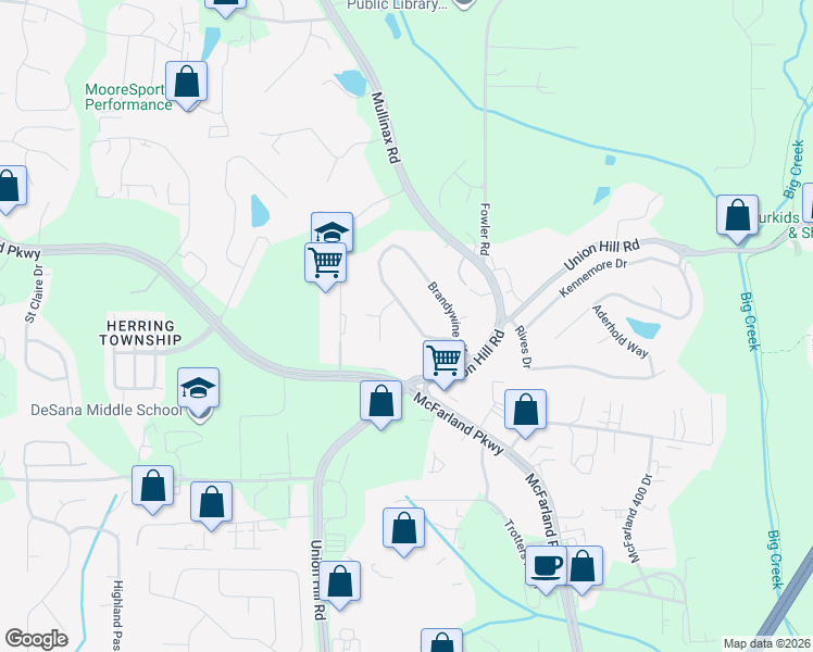map of restaurants, bars, coffee shops, grocery stores, and more near 155 Brandywine Circle in Alpharetta