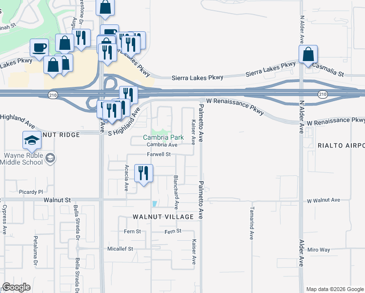 map of restaurants, bars, coffee shops, grocery stores, and more near 17221 Cambria Avenue in Fontana