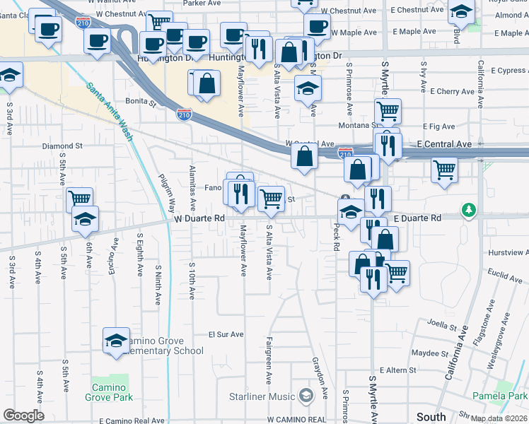 map of restaurants, bars, coffee shops, grocery stores, and more near 425 West Duarte Road in Monrovia